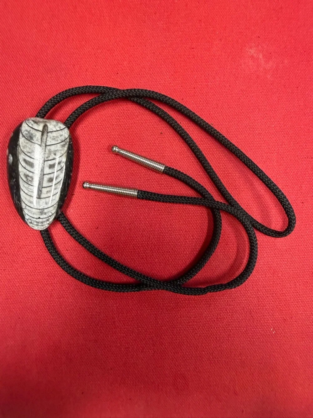 Bolo Tie Stone Fossil-Style Pattern Black Twisted Cord Silvertone Tips